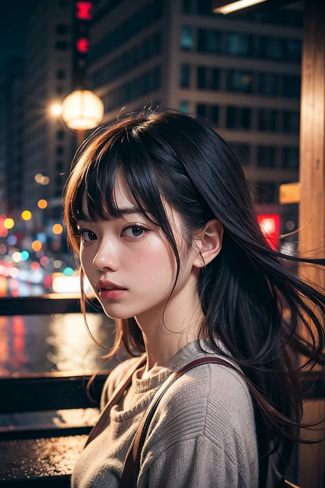 Japanese 1girl,floating hair,soothing tones, muted colors, detailed face,city,night,