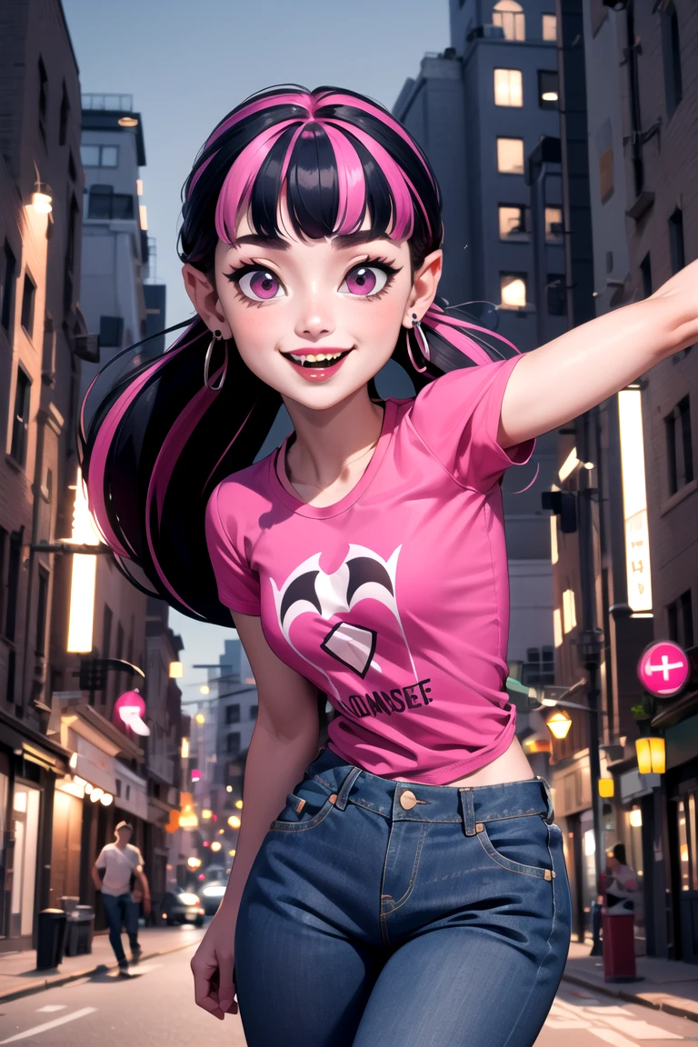 ((masterpiece,best quality)), absurdres,
<lora:Draculaura_MH:0.8>, Draculaura_MH,
pink tshirt, demin jeans,
solo, smiling, looking at viewer, cowboy shot,
modern city background, dynamic pose,
