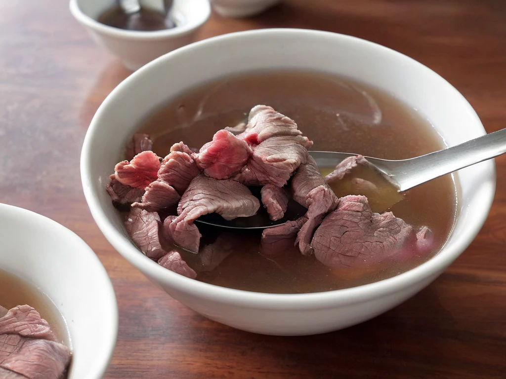 A high-resolution, hyper-realistic image of a bowl of Sweetbeefsoup. This traditional dish features a clear, sweet broth that is the star of the dish. The broth is simmered to perfection, with a hint of sweetness that tantalizes the taste buds. A subtle hint of pink is added to the broth, giving it a unique and appealing look. It's served in a traditional ceramic bowl, placed on a rustic wooden table. The scene is set in a cozy kitchen, with all elements in sharp focus, creating a clear and detailed image. The lighting should be warm and inviting, highlighting the appetizing qualities of the Sweetbeefsoup and the homely atmosphere of the setting, <lora:beefsoup:0.8>