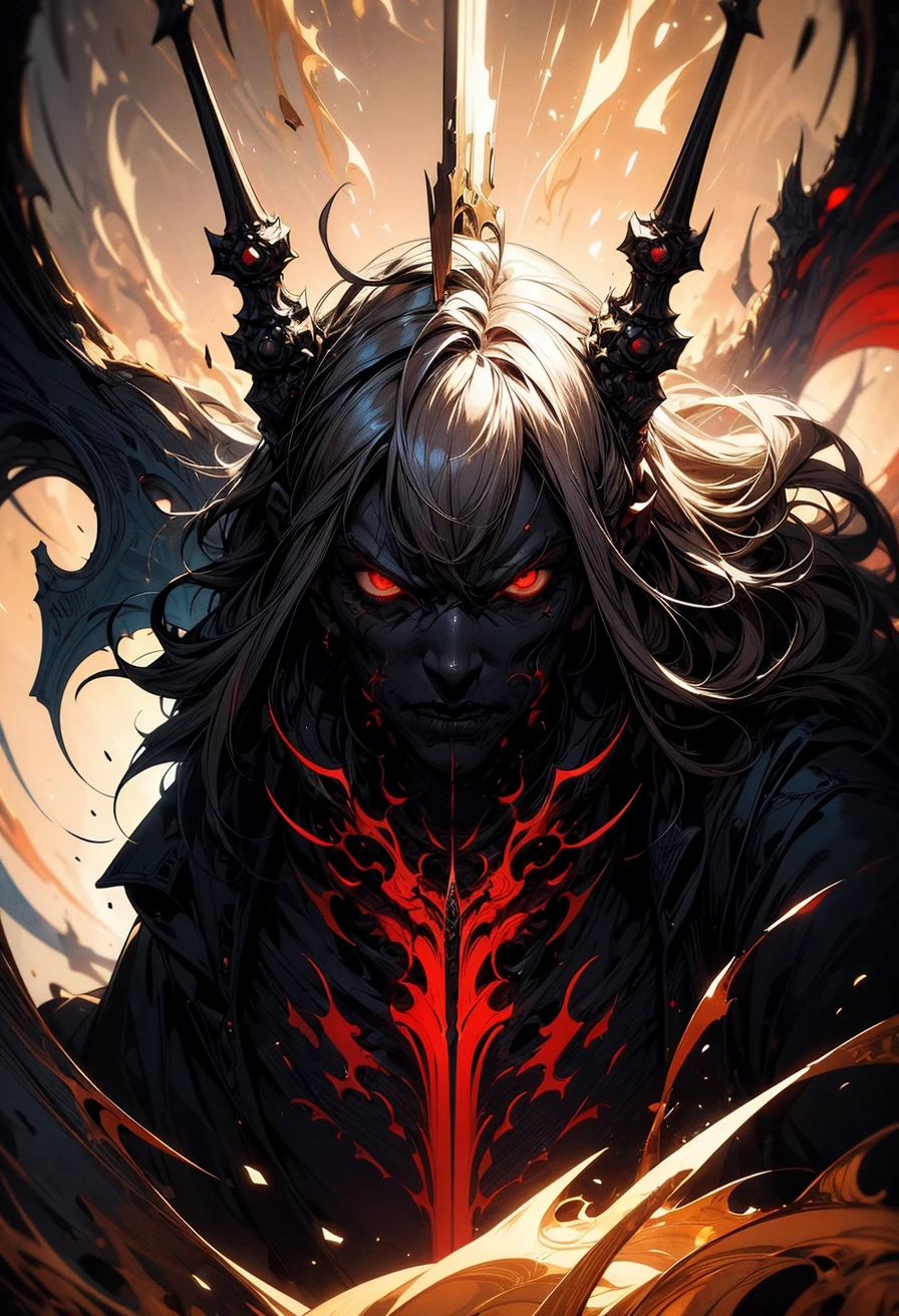 demon, boy, spiky messy white long hair, lean muscle, red eyes, blood tears, ear piercings, face piercings, blood, tattoos, bats, mechanical arms, wearing black robot suit, wearing black fur cloak, mechanical wings, mechanical horns, graveyard, night, high res, ultrasharp, 8k, masterpiece, looking at viewer