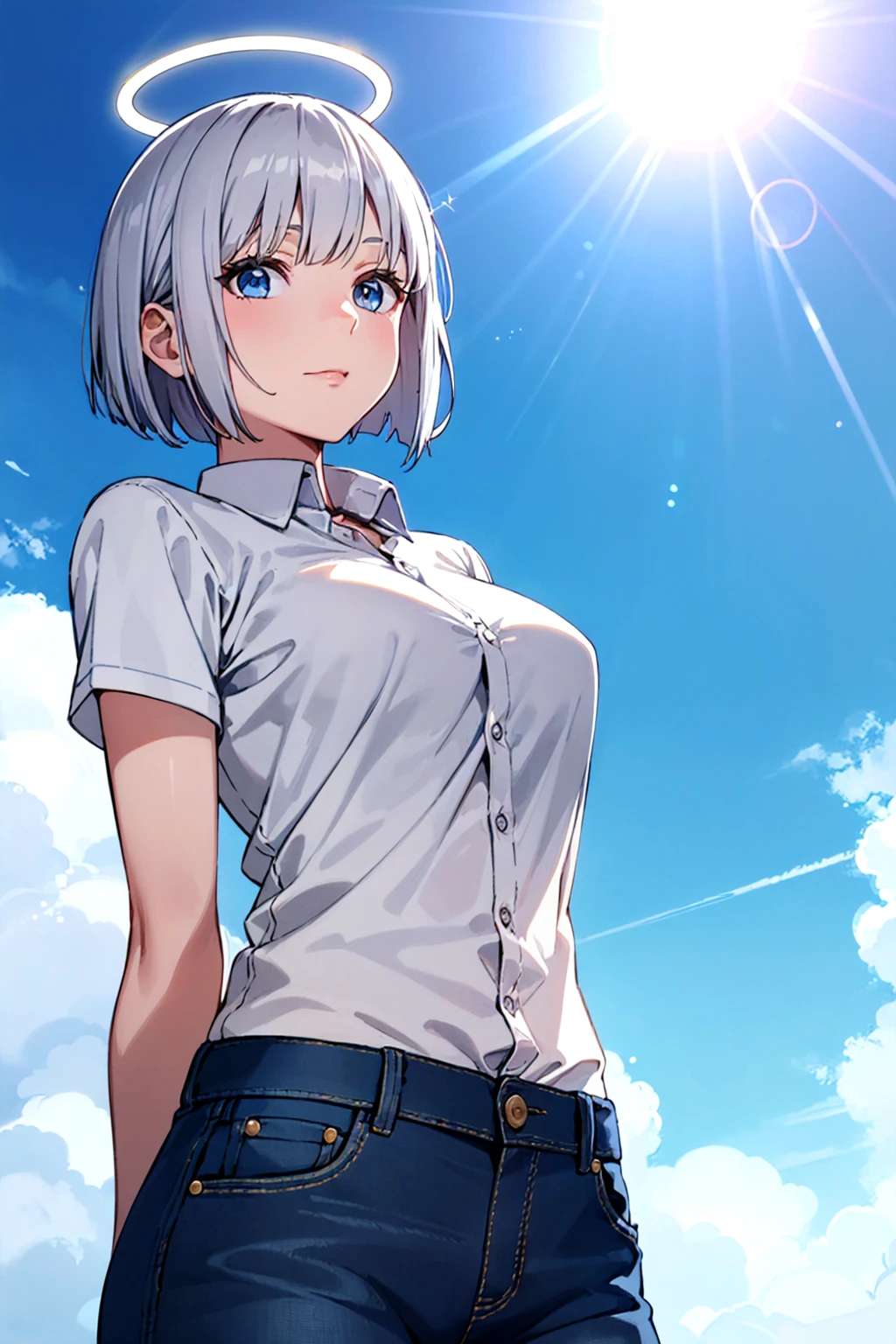 masterpiece, best quality, cute, petite,
short hair, bob cut, silver hair, blue eyes, denim, shirt, large breasts, halo, arms behind back,
from below, wind, looking at viewer, lens flare,