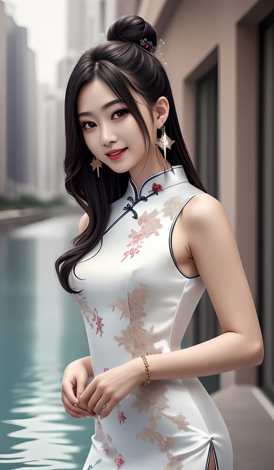 best quality,masterpiece,highres,cg, 1girl,(seductive smile:0.8),long hair,star-shaped pupils,cheongsam,dress,water,solo,jewelry,white dress,earrings,hair ornament,splashing,upper body,hair bun,black hair, lighting,candid,Photograph,high resolution,4k,8k,Bokeh,
