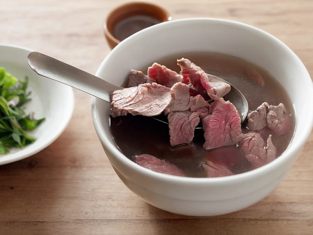 A high-resolution, hyper-realistic image of a bowl of Sweetbeefsoup. This traditional dish features a clear, sweet broth that is the star of the dish. The broth is simmered to perfection, with a hint of sweetness that tantalizes the taste buds. A subtle hint of pink is added to the broth, giving it a unique and appealing look. It's served in a traditional ceramic bowl, placed on a rustic wooden table. The scene is set in a cozy kitchen, with all elements in sharp focus, creating a clear and detailed image. The lighting should be warm and inviting, highlighting the appetizing qualities of the Sweetbeefsoup and the homely atmosphere of the setting, <lora:beefsoup:0.8>