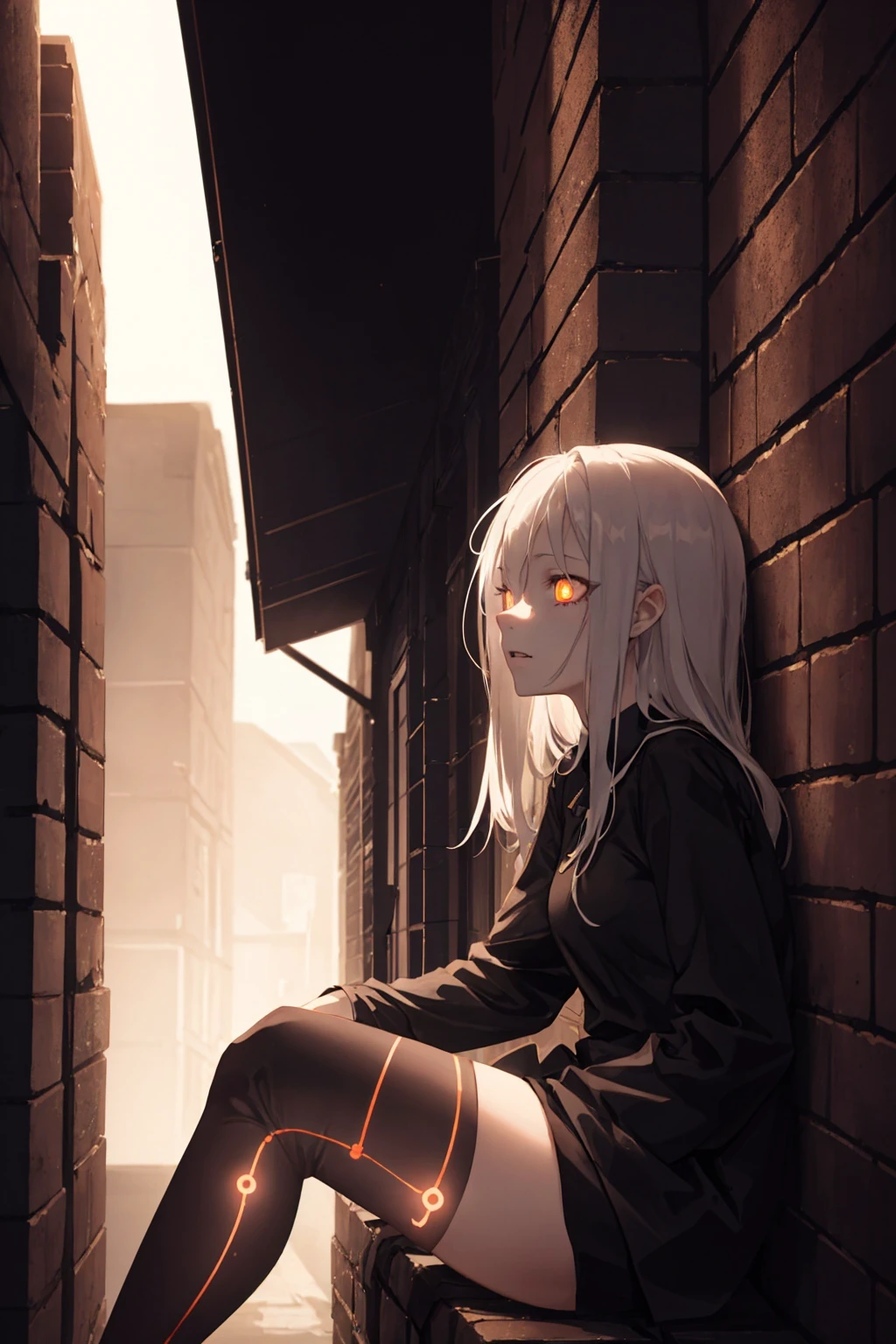 (best quality, high resolution, extremely detailed:1.2), girl,sitting on dark alley, looking down, from side, glowing eyes, smiling, long white hair, glowing accessories, <lora:Gloomifier_TheDread_V1_LECO:2> , bioluminescence , detailed clothing, expensive clothing,