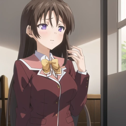 (masterpiece, best quality:1.2),illustration,8k,hd,1girl,solo,long_hair,brown_hair,bow,school_uniform,purple_eyes,jacket,bowtie,blazer,long_sleeves,pleated_skirt,kneehighs,white_socks,<lora:Akitsuki Marina-V1:0.9>,