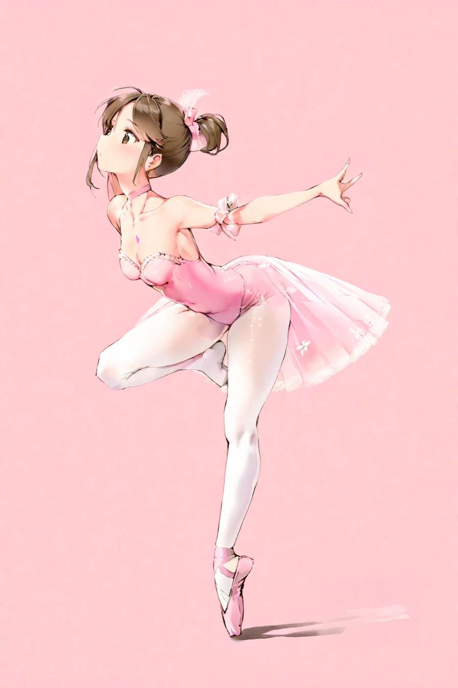 by anmi, 1girl, ballerina, pantyhose, solo, ballet slippers, white pantyhose, ballet, ponytail, tutu, breasts, long hair, white background, leotard, pink leotard, looking at viewer, bare shoulders, dress, simple background, brown hair, sidelocks, pink dress, leg up, brown eyes, choker, bangs, standing on one leg, pink footwear, hair ornament, athletic leotard, standing, best quality, masterpiece, detailed, amazing illustration, an extremely delicate and beautiful, 8k, 4k, HD, highres, best lighting and shadow
by anmi, 1girl, ballerina, pantyhose, solo, ballet slippers, white pantyhose, ballet, ponytail, tutu, breasts, long hair, white background, leotard, pink leotard, looking at viewer, bare shoulders, dress, simple background, brown hair, sidelocks, pink dress, leg up, brown eyes, choker, bangs, standing on one leg, pink footwear, hair ornament, athletic leotard, standing