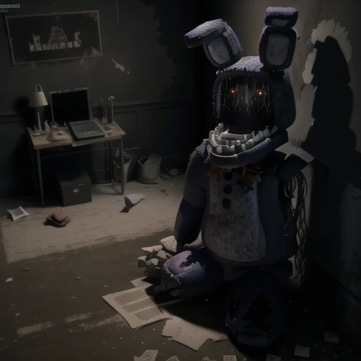 withBonnie, a character from the game Five Nights at Freddy's, is depicted inside an abandoned building. They are sitting on the floor with their knees up, tucked into the corner of a room. The perspective is from the top, and there is no visible light source except for WithBonnie's glowing red eyes. The floor has a checkered pattern, and the overall atmosphere is reminiscent of a horror scene. The room is dark, with only a low neon light and a heavy fog that adds to the eerie ambiance. The place is dirty and the floor is filthy, giving the impression of neglect. The perspective is from a CCTV point of view, as if someone is watching this unsettling scene unfold. <lora:fnaf withbonnie-05:1>, masterpiece, best quality