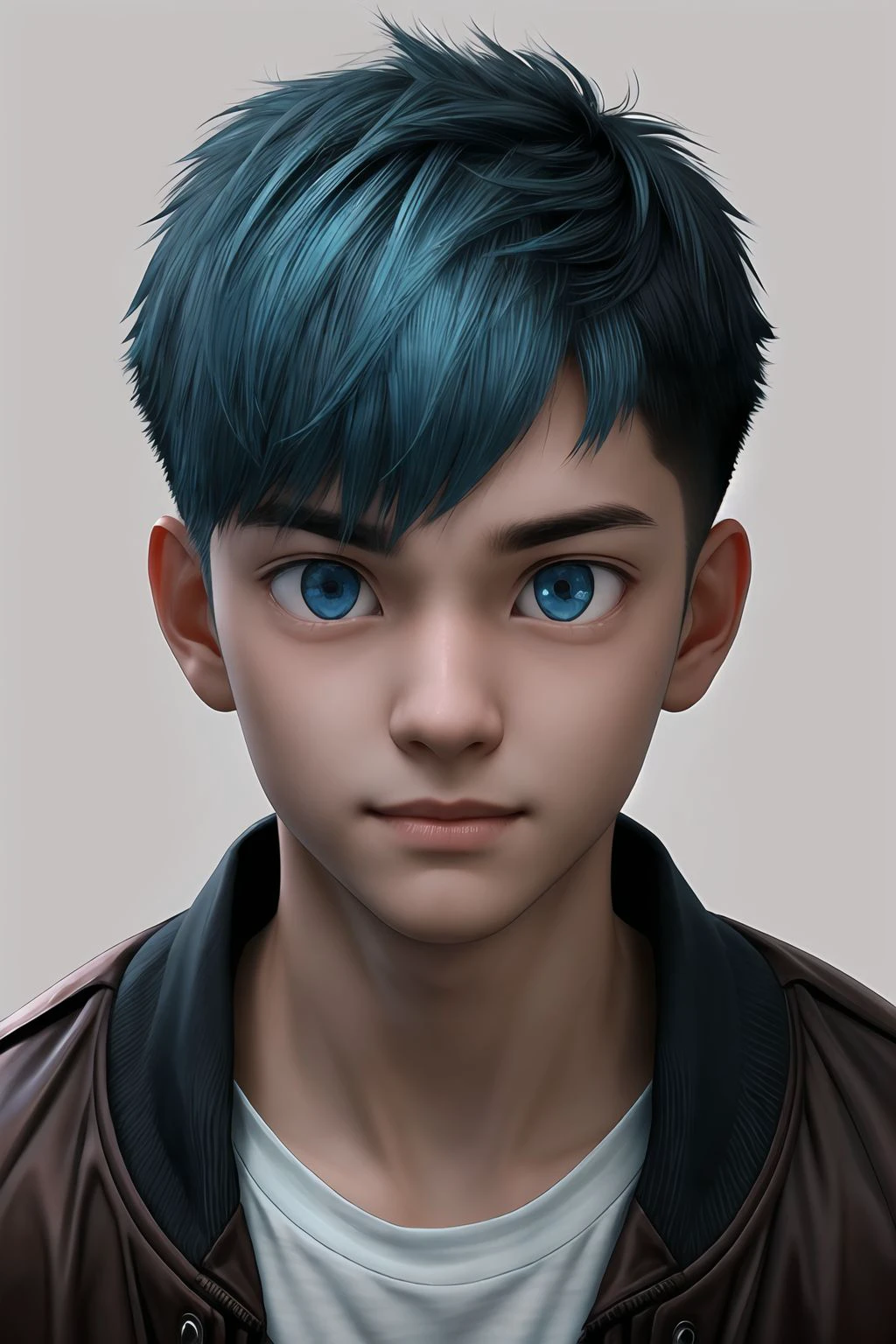 (masterpiece, sidelighting, finely detailed beautiful eyes: 1.2), masterpiece*portrait, realistic, 3d face, glowing eyes, shiny hair, lustrous skin, solo, embarassed, 1boy, cute boy, short crew cut hair, light blue hair