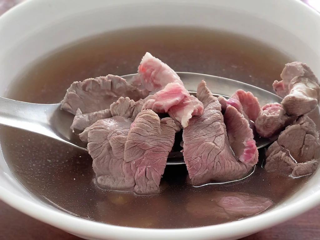 A high-resolution, hyper-realistic image of a bowl of Sweetbeefsoup. This traditional dish features a clear, sweet broth that is the star of the dish. The broth is simmered to perfection, with a hint of sweetness that tantalizes the taste buds. A subtle hint of pink is added to the broth, giving it a unique and appealing look. It's served in a traditional ceramic bowl, placed on a rustic wooden table. The scene is set in a cozy kitchen, with all elements in sharp focus, creating a clear and detailed image. The lighting should be warm and inviting, highlighting the appetizing qualities of the Sweetbeefsoup and the homely atmosphere of the setting, <lora:beefsoup:0.8>