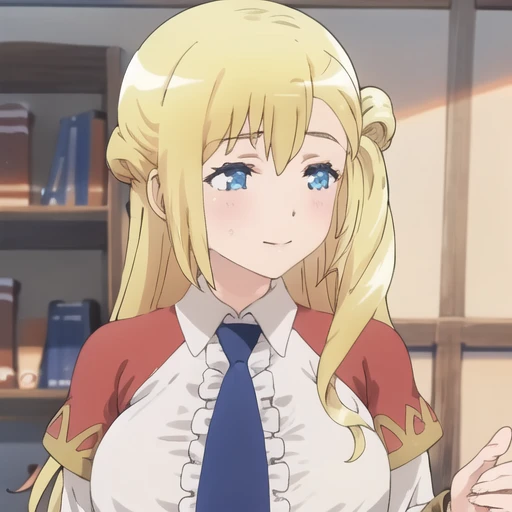 (masterpiece, best quality:1.2),illustration,8k,hd,1girl,upper body,long_hair,blue_eyes,blonde_hair,breasts,shirt,white_shirt,blue_necktie,long_sleeves,pleated_skirt,miniskirt,brown_footwear,knee_boots,center_frills,collared_shirt,single_side_bun,<lora:Enome-V1>,