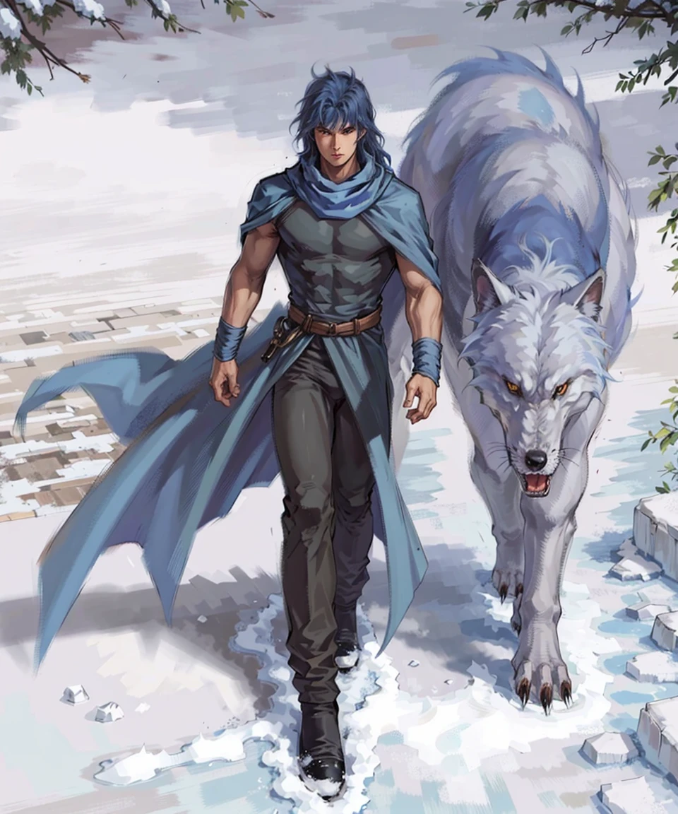 1boy, male focus, solo, cape, wolf, blue hair, long hair, scarf, snow,
masterpiece, best quality, 8k