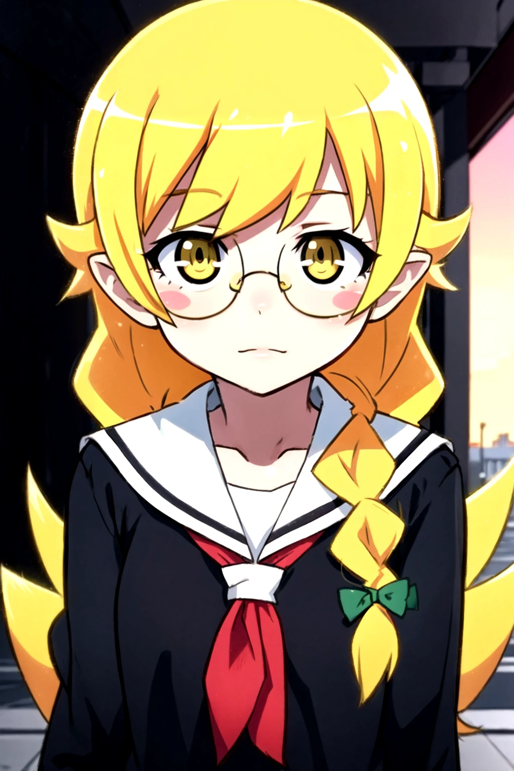 1girl, solo, female, (oshino_shinobu),<lora:loraOshinoShinobu-v1:0.8>, (blonde) (blonde_hair), (yellow_hair), ((long_hair)), ((bangs)), (yellow_eyes), blush, cute, innocent face, pointy_ears, (blush_stickers), flat_chest,
braid, (twin_braids), (serafuku), bespectacled, school_uniform, glasses, bow, hand
global illumination, hdri, subsurface scattering, masterpiece, 4k, raytrace, beautiful, sharp, smooth skin, bloom, (anime)
sunset, nature, school