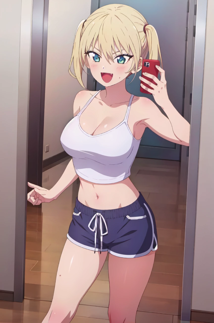 (extremely detailed CG unity 8k wallpaper), (masterpiece), (best quality), (ultra-detailed), (best illustration), (best shadow), (absurdres), 1girl, solo, <lora:mirika-10:0.7>,mirika, 1girl, blonde hair, solo, twintails, breasts, tank top, open mouth, cleavage, smile, wooden floor, skirt, collarbone, blue eyes, phone, short sleeves, hair between eyes, bangs, :d, fangs, blush, fang, indoors , dolphin shorts, <lora:dolphin_shorts_v0.1:0.6>, <lora:MirrorSelfieLora:0.8>, anime, mirror selfie, holding phone