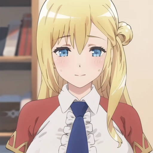 (masterpiece, best quality:1.2),illustration,8k,hd,1girl,upper body,(portrait:1.2),long_hair,blue_eyes,blonde_hair,breasts,shirt,white_shirt,blue_necktie,long_sleeves,pleated_skirt,miniskirt,brown_footwear,knee_boots,center_frills,collared_shirt,single_side_bun,<lora:Enome-V1>,
