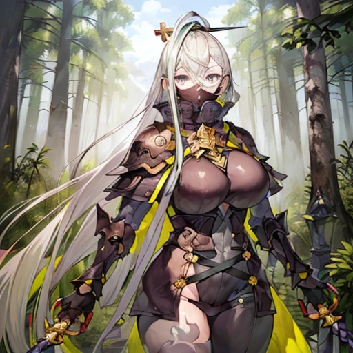 ((masterpiece)), ((best quality)), (ultra-detailed), absurdres, extremely detailed CG unity 8k wallpaper, Official Art, Accurate describe shapes, ((anime screencap)), ((beautiful face, detailed hands, glowing eyes, expressive eyes)), upper body, close-up, solo, (forest, scenery, dramatic light, illustration:1.1), (standing, arm at side, expressionless:1.2), (1girl, mature female, curvy, large breasts, narrow waist, multicolored hair, green hair, white hair, streaked hair, grey eyes, very long hair:1.4), (black bodysuit, armored boots, black mask, mouth mask, black cape, high collar, jingasa:1.3), , ((masterpiece)), absurdres, HDR, huyan zhuo - first ascension (fate), <lora:Huyan Zhuo - FGO v3:0.7>