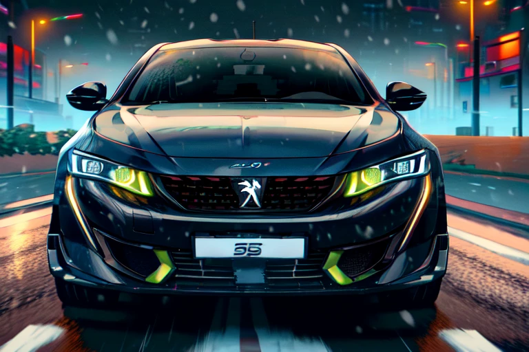cyberpunk 2077 peugeot, iridescent paint, in cyberpunk 2077 city photoshoot, running at high speed, glowing lights, speed sensation, well framed at middle range, neon colored luxury rims, slammed, extreme detail, peugeot, 508 , manga, anime , 8k, Hyper detailed car, perfect soft lighting, great lighting, car , fisheye lens, blue 508, country, snowing,snow, mountain, sedan, from side, from front <lora:more_details:.6> <lora:peugeot_508:1>