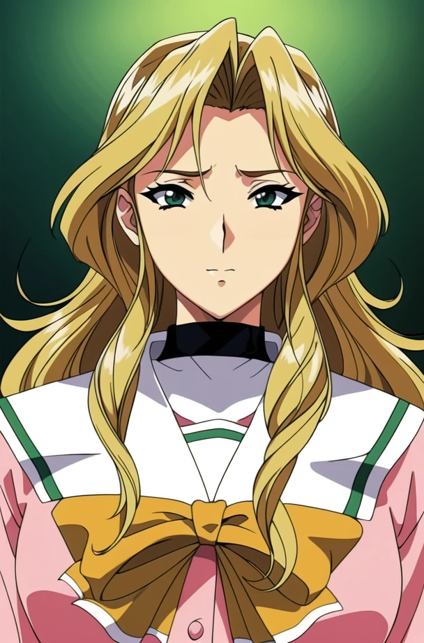 (day),Simple White Background,
(pink_jacket:1.1),(Green_pleated skirt),(sailor_collar), school_uniform, serafuku,long_sleeves,Yellow_bowtie,
<lora:Kaori_Maejima_Shuusaku-KK77-V3:0.7>,
blonde_hair,Long_hair,Green_eyes,
<lora:Mariana_Luciano_NON_VIRGIN-KK77-V1:0.3>,<lora:more_details:0.1>,
1 girl, 20yo,Young female,Beautiful Finger,Beautiful long legs,Beautiful body,Beautiful Nose,Beautiful character design, perfect eyes, perfect face,expressive eyes,perfect balance,
looking at viewer,(Focus on her face),closed mouth, (innocent_big_eyes:1.0),
official art,extremely detailed CG unity 8k wallpaper, perfect lighting,Colorful, Bright_Front_face_Lighting,shiny skin,
(masterpiece:1.0),(best_quality:1.0), ultra high res,4K,ultra-detailed,
photography, 8K, HDR, highres, absurdres:1.2, Kodak portra 400, film grain, blurry background, bokeh:1.2, lens flare, (vibrant_color:1.2),professional photograph,
(Beautiful,large_Breasts:1.4), (beautiful_face:1.5),(narrow_waist),