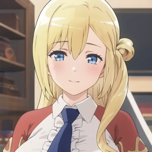 (masterpiece, best quality:1.2),illustration,8k,hd,1girl,upper body,(portrait:1.2),long_hair,blue_eyes,blonde_hair,breasts,shirt,white_shirt,blue_necktie,long_sleeves,pleated_skirt,miniskirt,brown_footwear,knee_boots,center_frills,collared_shirt,single_side_bun,<lora:Enome-V1:0.9>,
