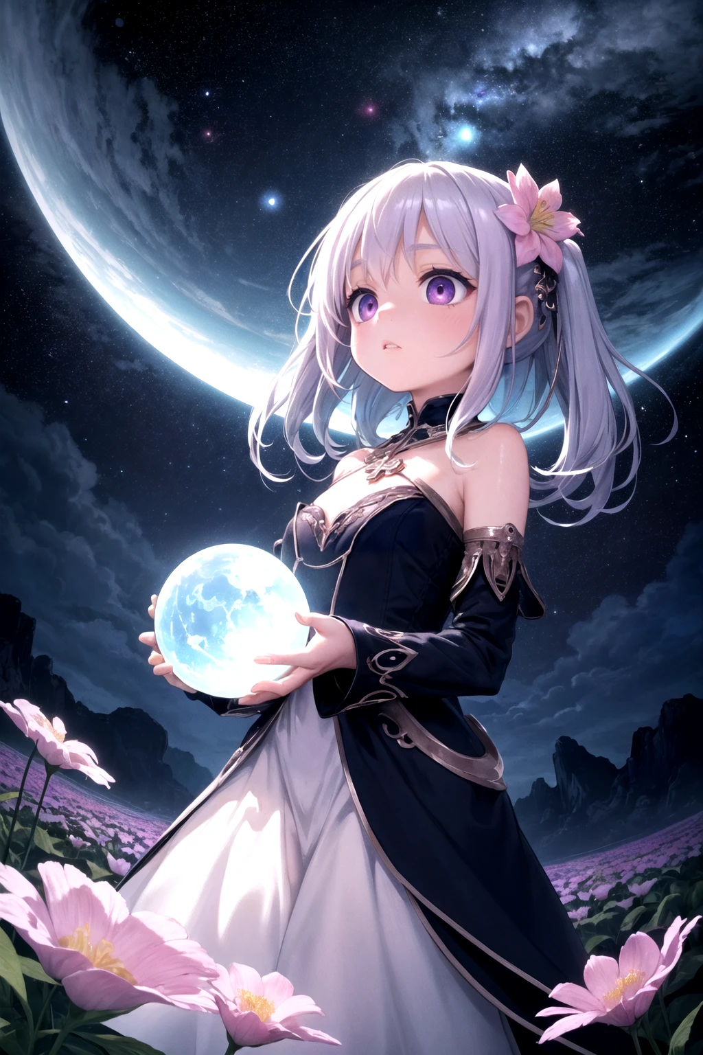 ((Fisheye lens view)), stretching the expanse of an alien landscape into an encompassing, distorted panorama.
Centered in the field is a ((lone young woman)), dressed in a flowing silver gown that shimmers with a luminescence of its own. Her hair is loose, floating around her as if defying gravity.
She stands amidst a ((field of alien flowers)), in shades of neon blues, purples, and pinks. The flowers should have an otherworldly design - think bio-luminescence, unusual petals, and surreal shapes.
Above, the ((sky)) is a deep indigo, scattered with constellations unfamiliar to our earthly gaze. A large exoplanet is visible in the sky, partially bathed in the light of a distant star, creating an awe-inspiring celestial view.
The woman is reaching out to a ((hovering creature)), a cross between a bird and a butterfly, with bioluminescent wings and eyes that match the neon flowers.
The ((atmospheric glow)) casts a surreal but beautiful illumination, causing the woman, the creature, and the flowers to glow softly.
((Emphasize the wonder)) in the woman's expression, the delicate interaction between her and the creature, and the vivid colors and surreal beauty of the alien landscape.
((Exceptional quality)), (Masterpiece), (8k CG wallpaper), ((the dreamer in an alien flower field)).