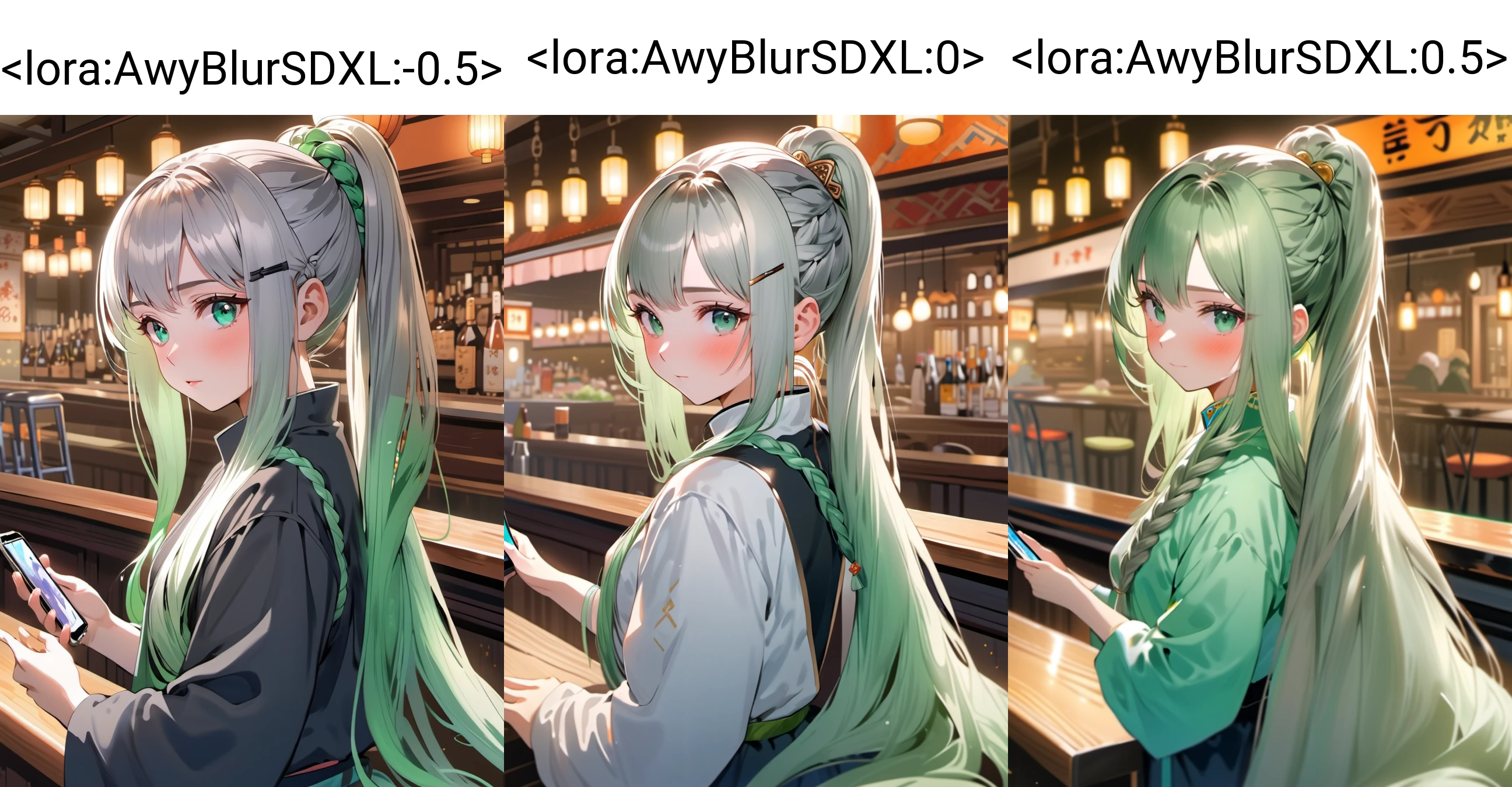 anime,1girl, jade,platinum , absurdly long hair, braid ponytail hair, , princess, chinese in bars daytime, on screen of smartphone camera app frame,,<lora:AwyBlurSDXL:-0.5>