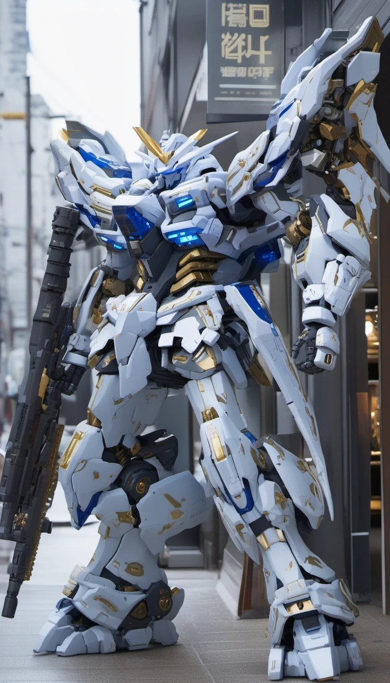 mecha robot, no humans,mecha armor,full armor, (grey silver color scheme:1.2),glowing blue eyes,city,(full body:1.2),clenched hand,mecha musume, mechanical parts, robot joints,(huge shield:1.2),best quality, masterpiece, highly detailed, ultra-detailed,(battle-ready:1.2),(powerful stance:1.3),(Detailed eye description:1.2),(huge mechanical weapon:1.3),(detailed armor description:1.2),(detailed shield description:1.2),(detailed weapon description:1.2),(huge mechanical gun:1.2),(holding gun and weapon :1.3) <lora:srdxl_v1bx:0.8>
