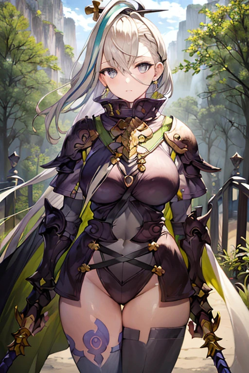 ((masterpiece)), ((best quality)), (ultra-detailed), absurdres, extremely detailed CG unity 8k wallpaper, Official Art, Accurate describe shapes, ((anime screencap)), ((beautiful face, detailed hands, glowing eyes, expressive eyes)), upper body, close-up, solo, (forest, scenery, dramatic light, illustration:1.1), (standing, arm at side, expressionless:1.2), (1girl, mature female, curvy, large breasts, narrow waist, multicolored hair, green hair, white hair, streaked hair, grey eyes, very long hair:1.4), (black cape, high collar, armored boots, asymmetrical clothes, black armor, bodysuit, green leotard, pauldrons, gauntlets, hair ornament, hairpin, single pantsleg, single thigh high:1.3), , ((masterpiece)), absurdres, HDR, huyan zhuo - second ascension (fate), <lora:Huyan Zhuo - FGO v3:0.7>