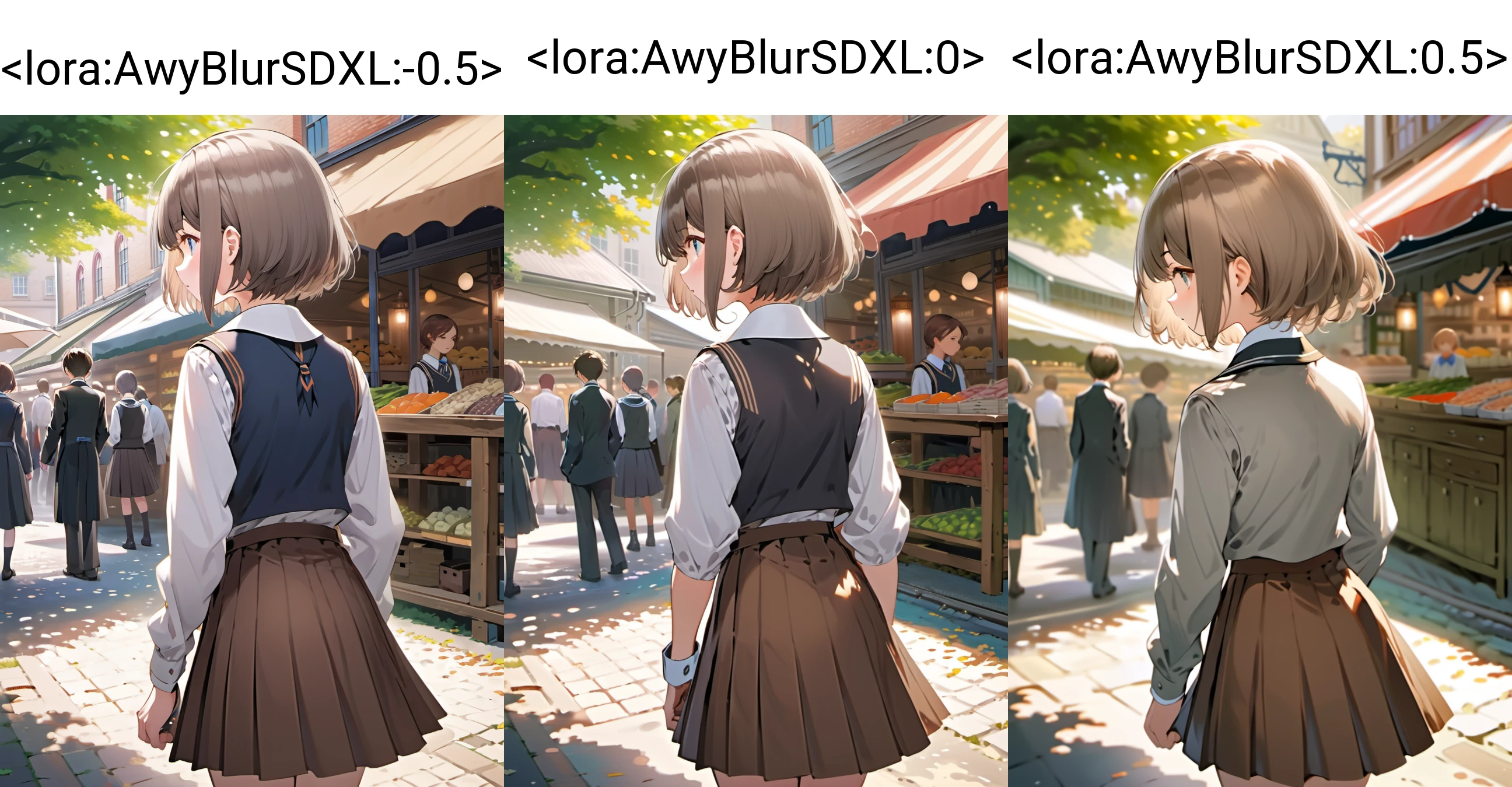 anime,1girl, silver,brown , very short hair, one side up hair, , school uniform collared shirt skirt, victorian market daytime, from behind,,,<lora:AwyBlurSDXL:-0.5>