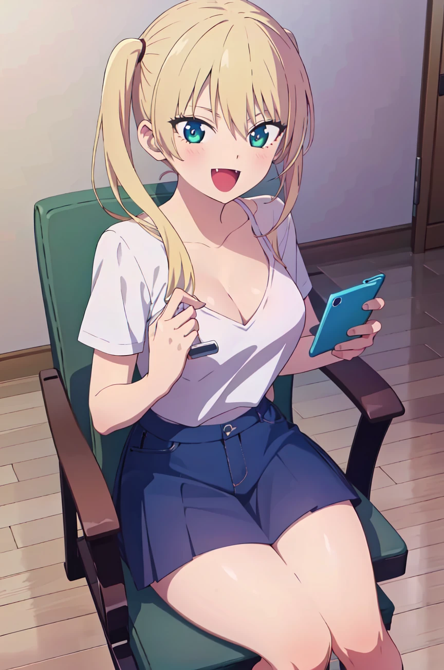(extremely detailed CG unity 8k wallpaper), (masterpiece), (best quality), (ultra-detailed), (best illustration), (best shadow), (absurdres), 1girl, solo, <lora:mirika-10:0.7>,mirika, 1girl, blonde hair, solo, twintails, breasts, sitting, shirt, open mouth, cleavage, white shirt, smile, looking at viewer, long hair, chair, holding, wooden floor, skirt, collarbone, blue eyes, phone, short sleeves, hair between eyes, bangs, :d, fangs, blush, cellphone, fang, indoors