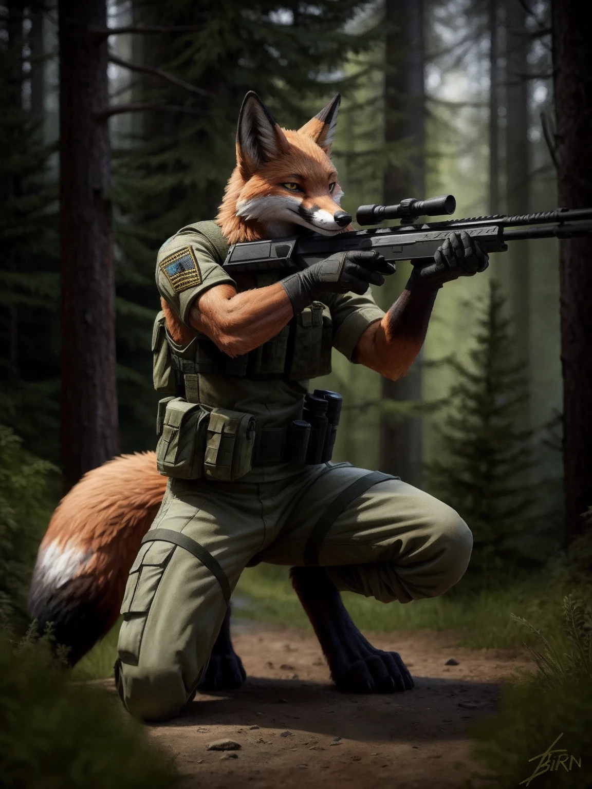 for unreal-engine-5,anthro,male,fox swat with guns,glove,rifle,Battlefield commander,Forest,Kneel on one knee,hide,aiming,scope,digitigrade, full body,high quality,FKAA,TXAA,RTX,HDR,by Jeremy Birn, photorealistic, ultra realistic, portrait