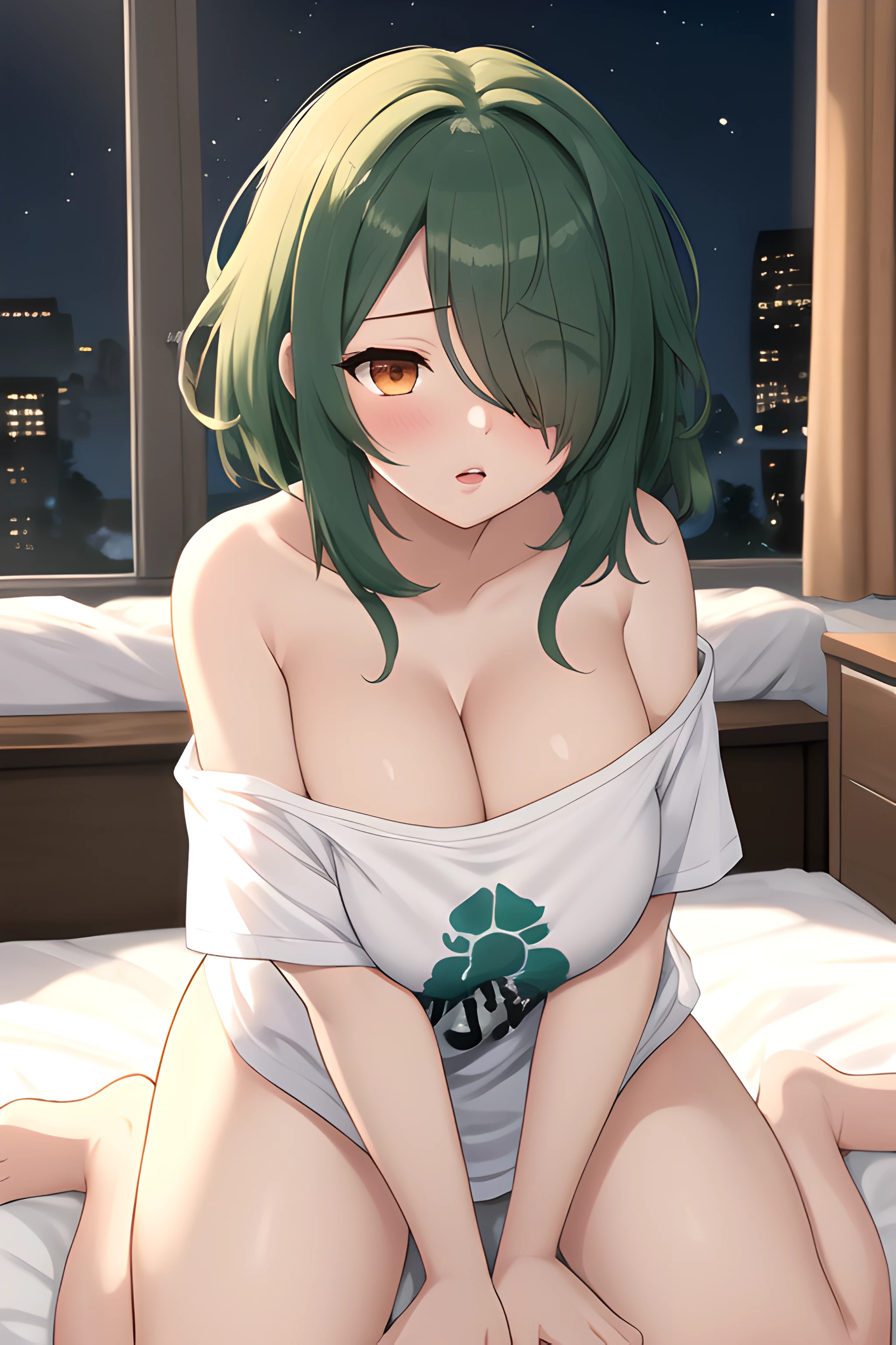 (masterpiece, best quality, absurdres, ultra detailed, intricate details, beautiful, finely detailed:1.5), 1girl, otaku, dark green hair, medium messy hair, long bangs, hair over one eye, orange eyes, gigantic breasts, plump, thick lips, otaku room, messy room, (night), futon, sitting, on bed,, wariza, waking up, sleepy, nude, ovesized white shirt, print taut t-shirt, rubbing eyes, sleep bubble, yawning, sexually suggestive, nsfw, off shoulder,