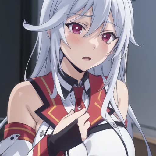 (masterpiece, best quality:1.2),illustration,8k,hd,1girl,solo,upper body,(portrait:1.2),very_long_hair,large_breasts,red_eyes,white_school_uniform,white_hair,necktie,red_necktie,skirt,bare_shoulders,boots,detached_sleeves,sleeveless,black_thighhighs,zettai_ryouiki,thigh_boots,garter_straps,<lora:Aine Chidorigafuchi:0.8>,