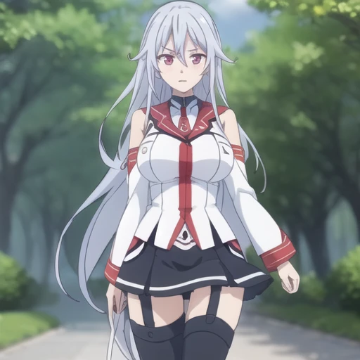 (masterpiece, best quality:1.2),illustration,8k,hd,1girl,very_long_hair,large_breasts,red_eyes,school_uniform,white_hair,necktie,red_necktie,skirt,bare_shoulders,boots,detached_sleeves,sleeveless,black_thighhighs,zettai_ryouiki,thigh_boots,garter_straps,<lora:Aine Chidorigafuchi:0.8>,
