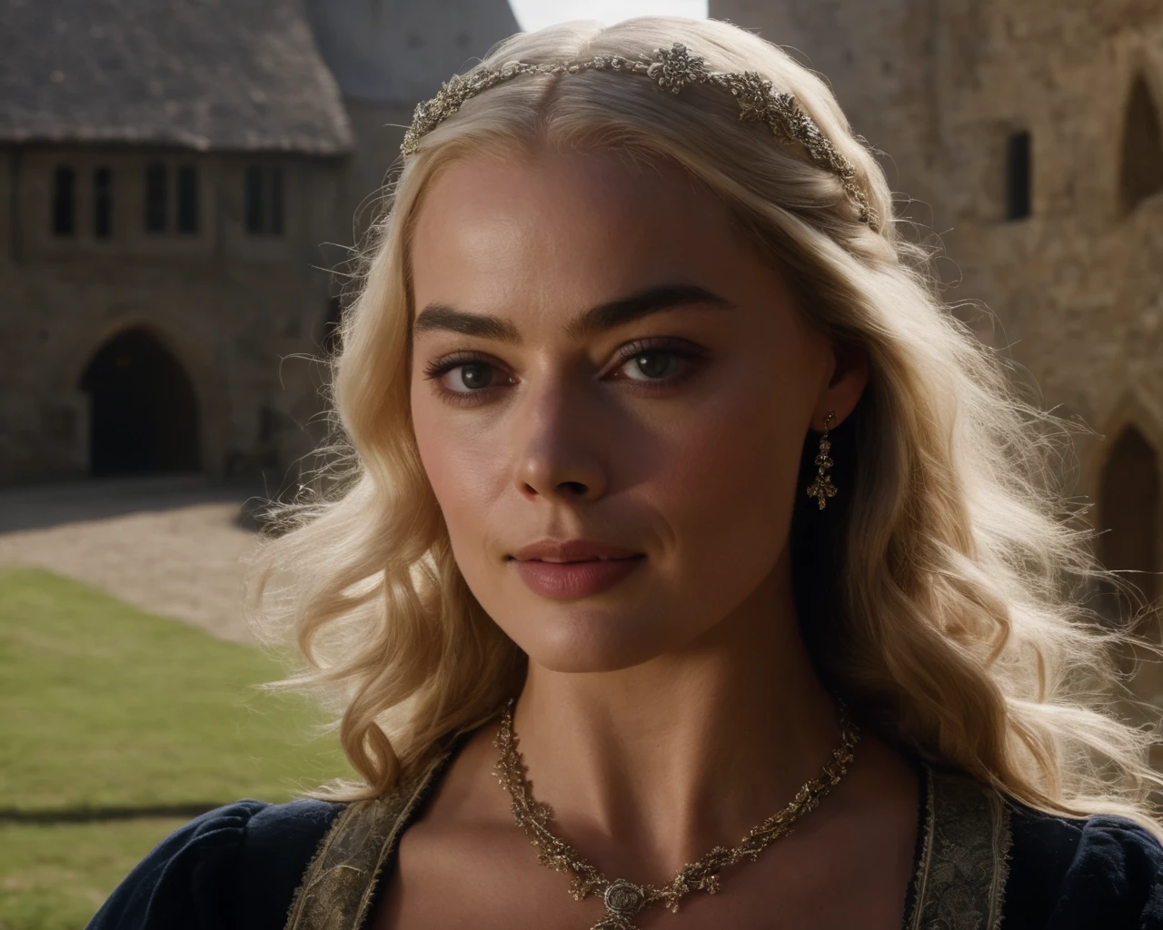margot_robbie, <lora:MargotRobbieXL:1>, highly detailed photo of a medieval service woman, smiling, long hair, necklace, medieval clothes, flowers, music, (singing), ring, jewelry, flowery skirt, playing lute, medieval tavern, (masterpiece, best quality, ultra-detailed, best shadow), high contrast, (best illumination), ((cinematic light)), colorful, hyper detail, dramatic light, intricate details, (1 girl, solo) , ultra detailed artistic photography, dreamy, backlit, shadows, ultra high definition, 8k, ultra sharp focus, ultra high quality model, soft lighting, film photography, analogue photography, hyperrealism,, ((sharp face, detailed face, realistic face, naturtal skin, realistic skin, detailed skin, pores, detailed eyes,realistic eyes)),