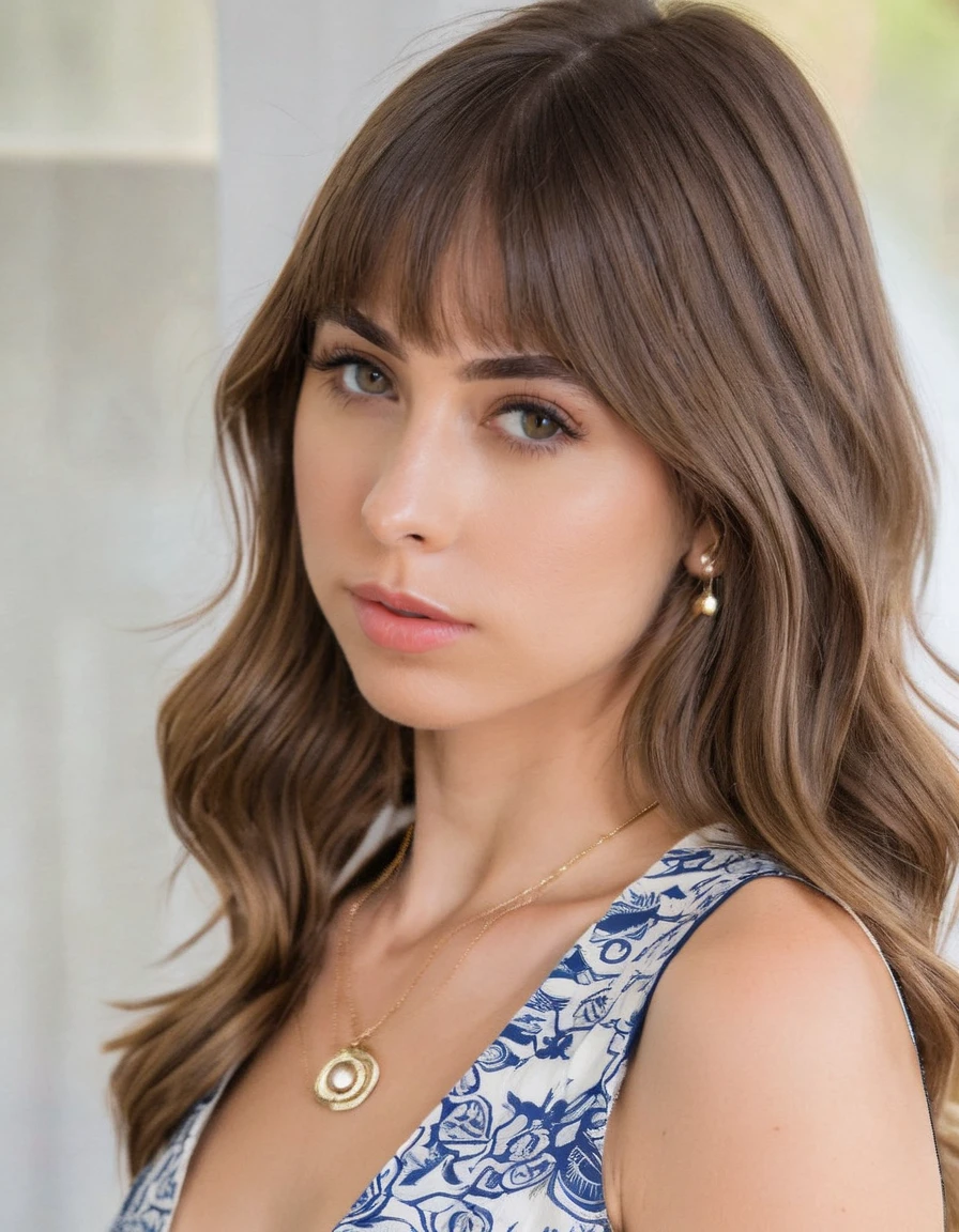 a photo of Riley Reid, wearing a sun dress, close up, detailed skin <lora:rileyreid_SDXL_v1_1:0.9>