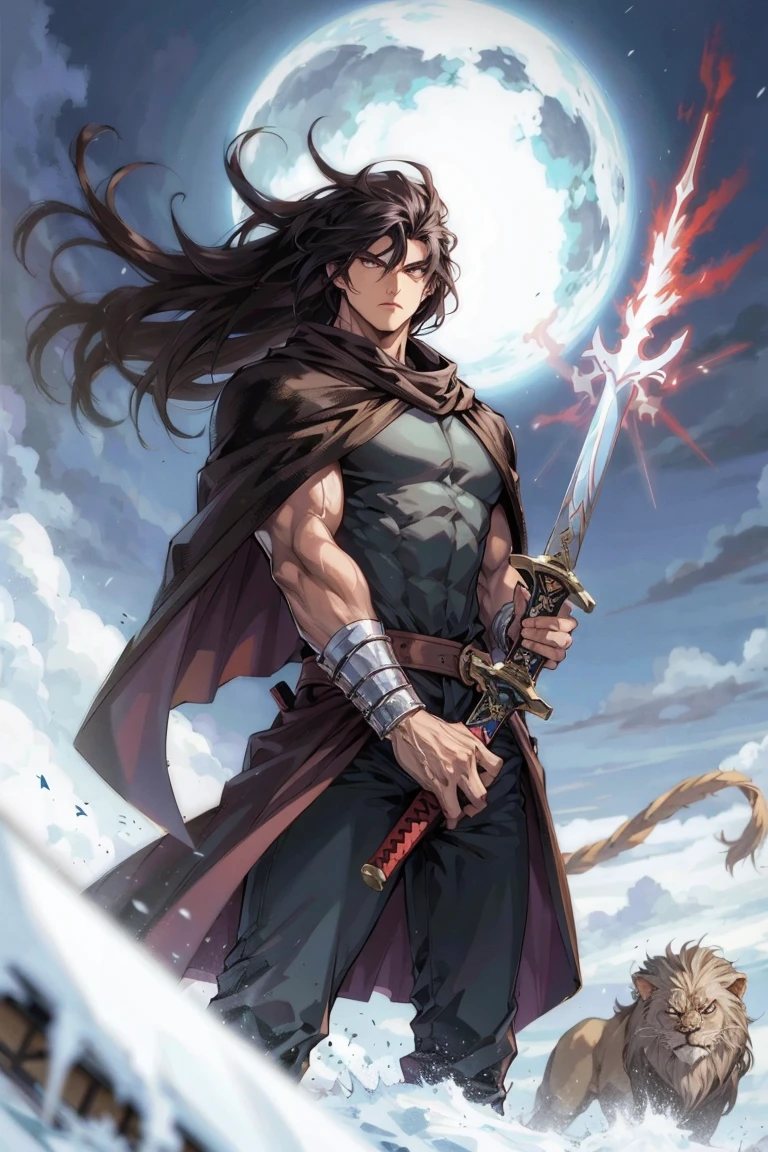 weapon, sword, 1boy, black hair, male focus, muscular, cape, snow, lion, long hair,
masterpiece, best quality, 8k