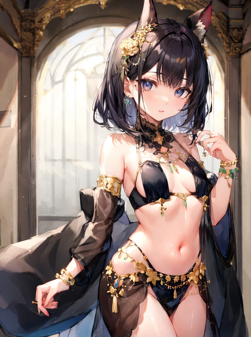 masterpiece, detailed, high quality, absurdres, scurtain, 1girl, solo, black hair, white eyes, mole under eye, small breasts, curvy, petite, 
BREAK see-through, navel, midriff, stomach, detached sleeves, jewelry, bracelet, anklet, detached collar, gold trim, 
BREAK belly dancing, 
BREAK palace,