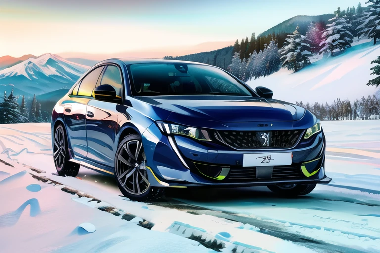 peugeot, masterpiece, very detailed, highres, running at high speed, glowing lights, speed sensation, well framed at middle range, neon colored luxury rims, slammed, extreme detail, peugeot, manga, anime , Hyper detailed car, perfect soft lighting, great lighting, car , fisheye lens, 508, pse, country, snowing,(snow), mountains, mount fuji, lake, rallye, ground, snow on ground, forest, sedan <lora:more_details:.6>
<lora:peugeot_508:1>