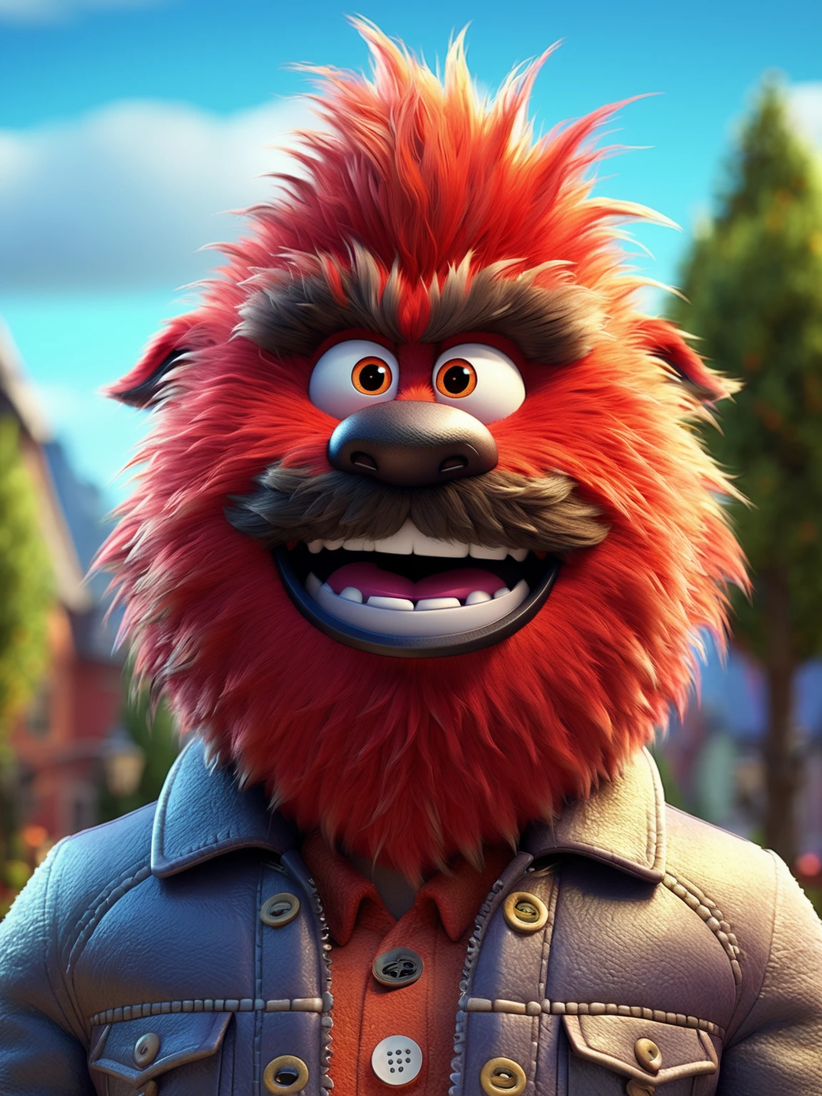 3D pixar style,(fluffy monster:1.4), facial hair, jacket, smile, beard, looking at viewer, mustache, outdoors, upper body, red eyes, animated <lora:xl_more_art-full-beta1:0.8>