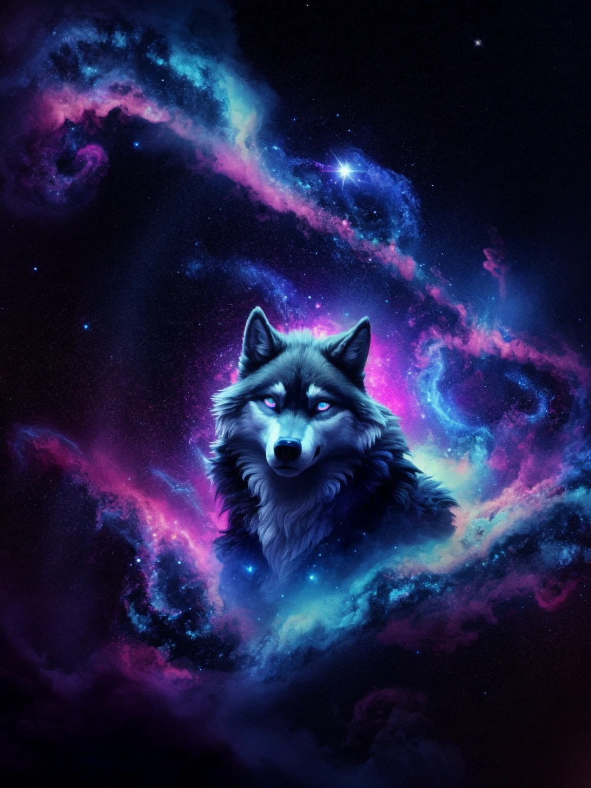 (wolf), energy, galaxies, spirals, space, nebulae, stars, smoke, iridescent, intricate detail, (in the shape of a wolf), octane render, 8k