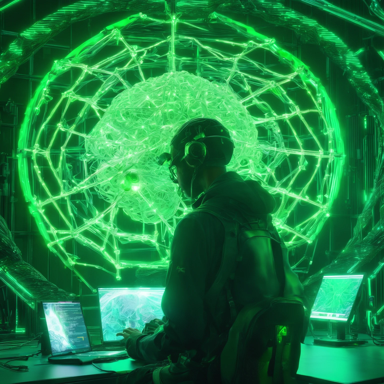a photo of a anthropist hybrid spider malecer working on an artificial brain made of green glowing light and leather at a brain wall in the style of jin kagetsu, james jean and wlop, face symmetry, incredibly detailed, insanely detailed and intricate, animation render, 8 k hd, rim lighting