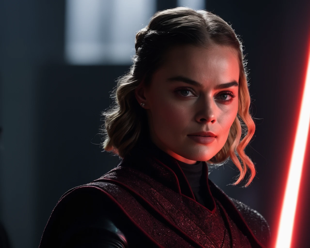 margot_robbie, <lora:MargotRobbieXL:1>,portrait of an evil sith lord, star wars, black outfit, red coat, futuristic red and black armor, laser sword,, ((sharp face, detailed face, realistic face, naturtal skin, realistic skin, detailed skin, pores, detailed eyes,realistic eyes)),, (masterpiece, best quality, ultra-detailed, best shadow), high contrast, (best illumination), ((cinematic light)), colorful, hyper detail, dramatic light, intricate details, (1 girl, solo) , ultra detailed artistic photography, dreamy, backlit, shadows, ultra high definition, 8k, ultra sharp focus, ultra high quality model, soft lighting, film photography, analogue photography, hyperrealism,