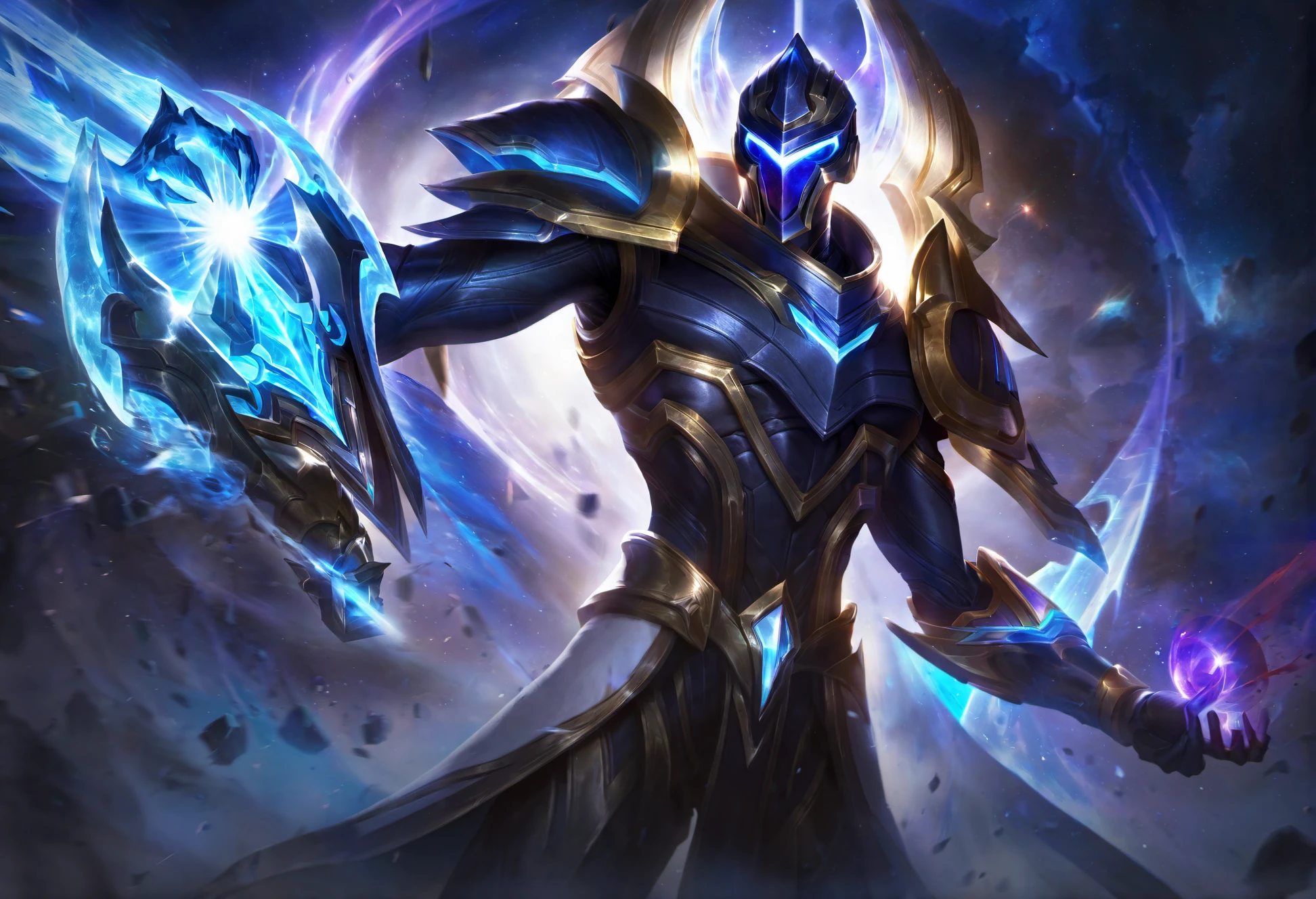 galaxy slayer zed, (best aesthetic:1.2), lolsplashart, solo, 1boy, holding, upper body, weapon, male focus, cape, holding weapon, armor, glowing, helmet, glowing eyes, light rays, light