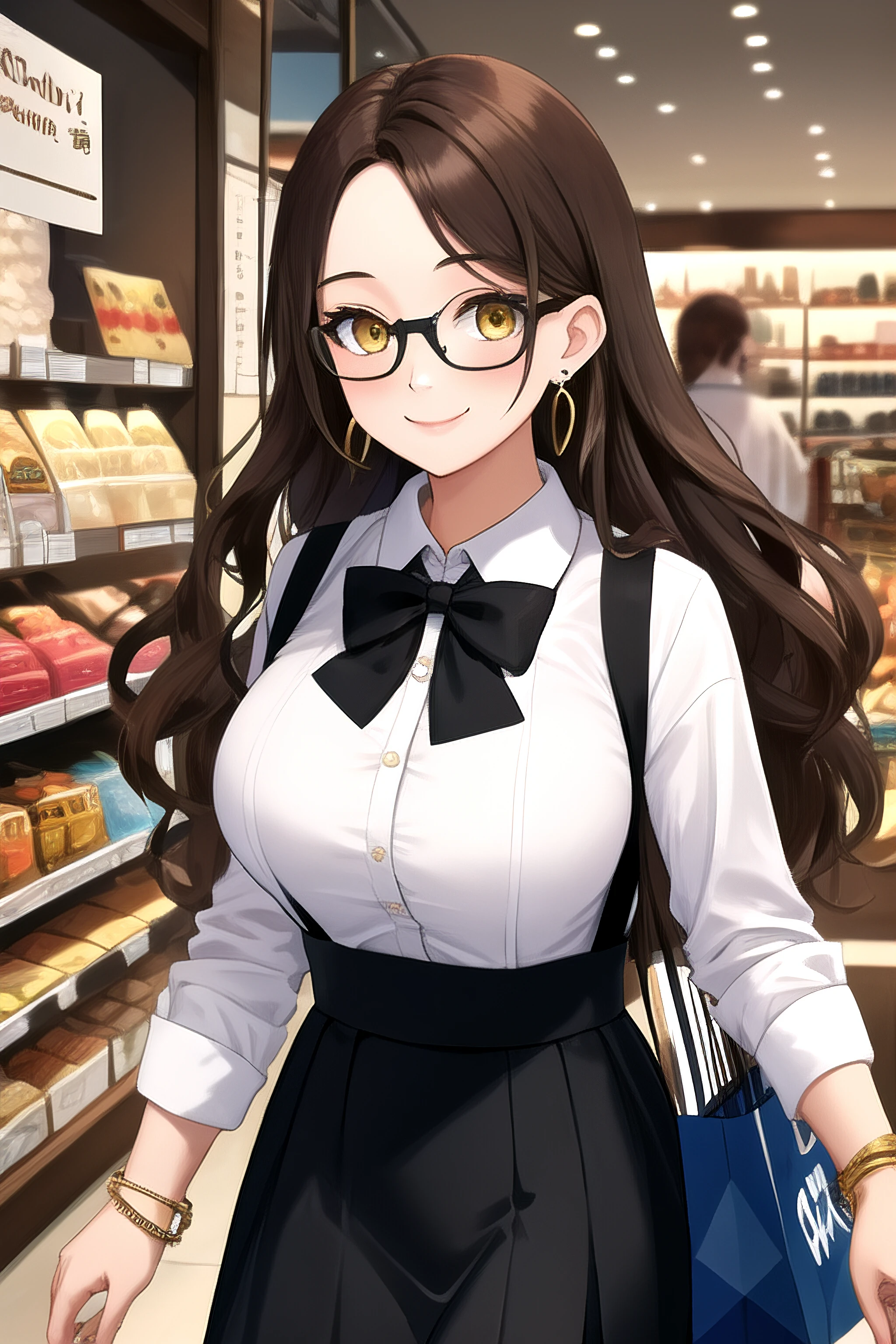(masterpiece, best quality, absurdres, ultra detailed, intricate details, beautiful, finely detailed:1.5), 1girl, mature female, brown hair, long wavy hair, yellow eyes, parted bangs, sidelocks, large sagging breasts, long eyelashes, black-framed round eyewear, shopping, shop, shopping bag, white collared shirt, black suspender skirt, happy, light smile, jewelry, stud earrings, bracelet, walking, sexually suggestive, cowboy shot, black bowtie