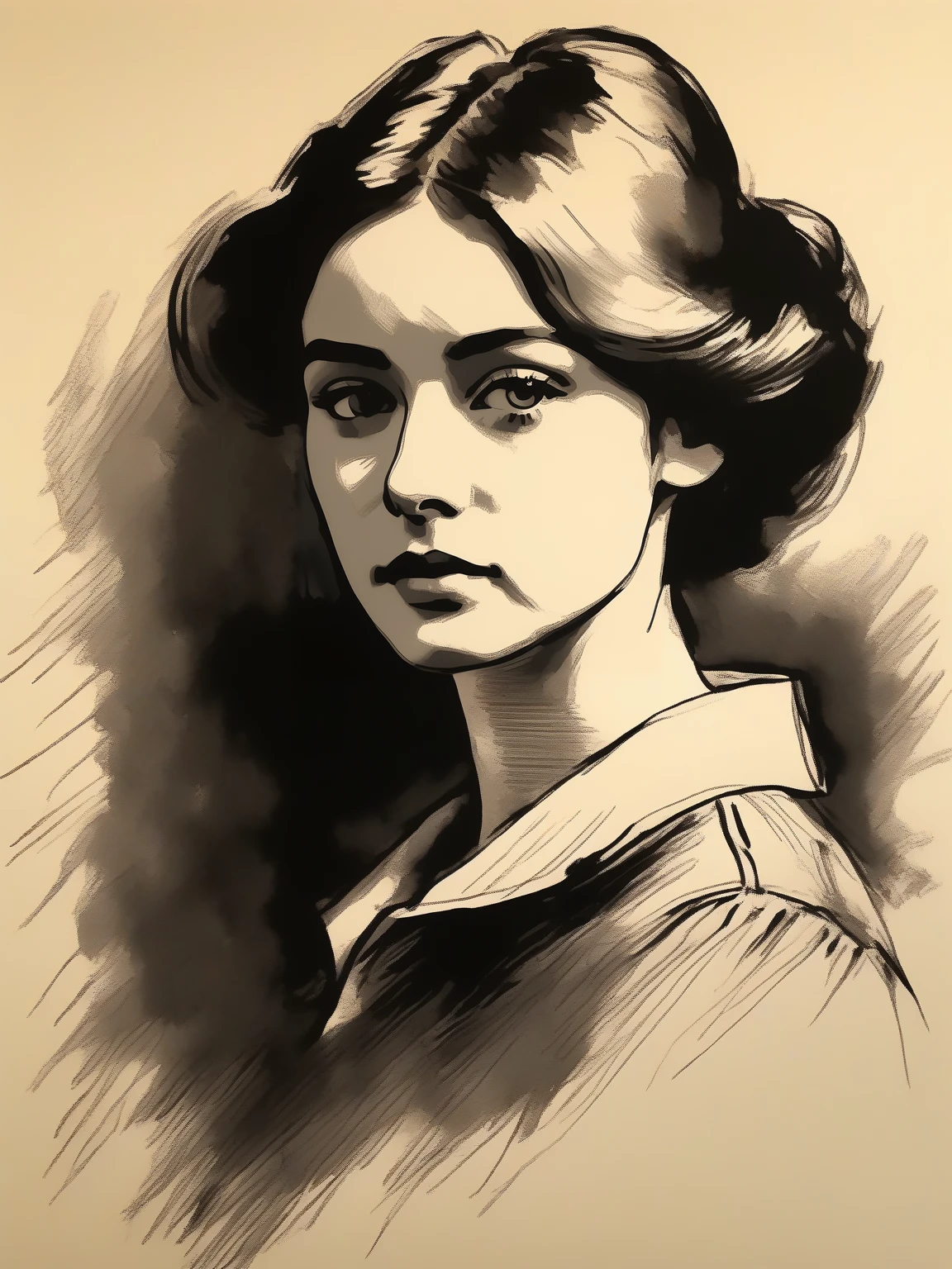 A hand drawn Victorian era portrait of a young woman in her late 20s, post impressionist style, minimalist brush work, prosaic style, beautifully shaded, black ink on manilla paper,