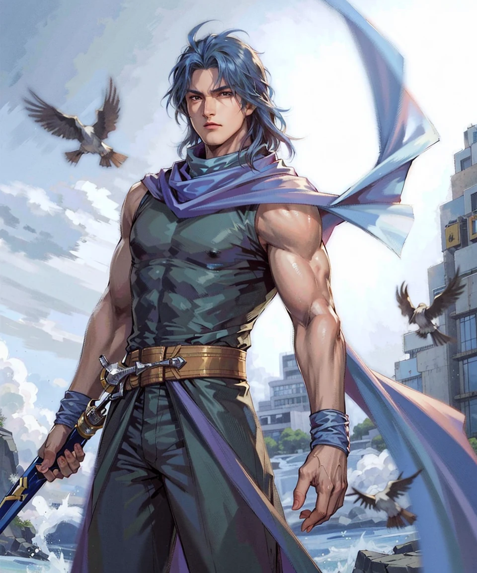 1boy, male focus, solo, cape, bird, blue hair, long hair, scarf,
masterpiece, best quality, 8k