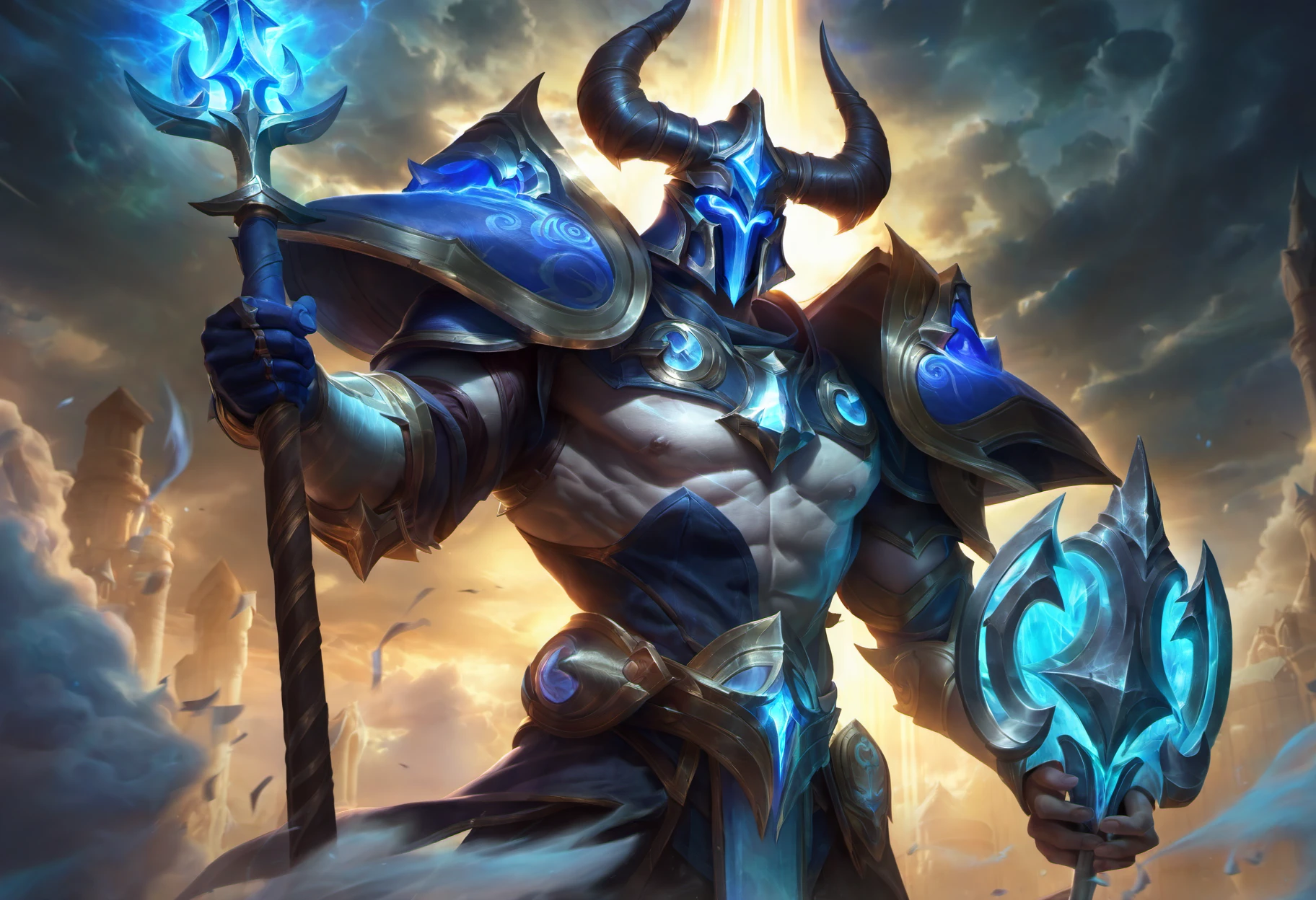 arcana hecarim skin, best aesthetic, lolsplashart, solo, looking at viewer, 1boy, holding, weapon, male focus, horns, sky, cloud, armor, muscular, glowing, abs, helmet, cloudy sky, pectorals, muscular male, staff, shoulder armor, gauntlets, clenched hand, glowing eyes, pelvic curtain, pauldrons, holding staff, tarot, leg armor