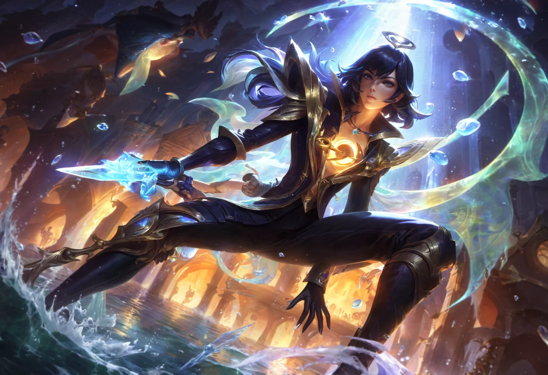 aphelios, best aesthetic, lolsplashart, long hair, looking at viewer, short hair, bangs, multiple girls, black hair, gloves, long sleeves, 1boy, holding, jewelry, closed mouth, weapon, solo focus, black gloves, pants, water, holding weapon, night, glowing, one knee