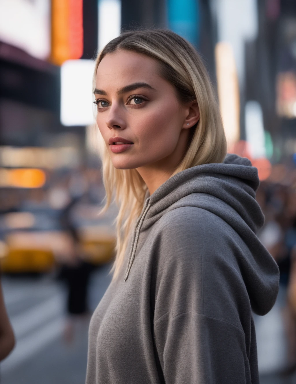 margot_robbie, <lora:MargotRobbieXL:1>, walking down time square,hoodie, happy, ((sharp face, detailed face, realistic face, naturtal skin, realistic skin, detailed skin, pores, detailed eyes,realistic eyes)),, (masterpiece, best quality, ultra-detailed, best shadow), high contrast, (best illumination), ((cinematic light)), colorful, hyper detail, dramatic light, intricate details, (1 girl, solo) , ultra detailed artistic photography, dreamy, backlit, shadows, ultra high definition, 8k, ultra sharp focus, ultra high quality model, soft lighting, film photography, analogue photography, hyperrealism,