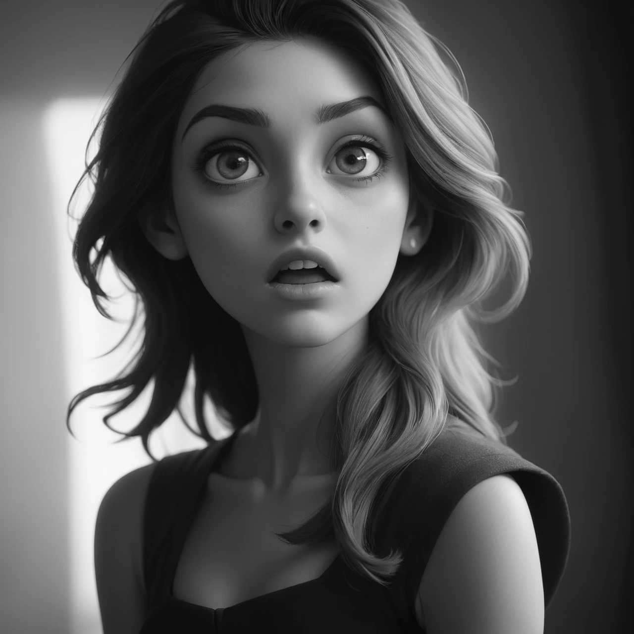 a look of shock ,, Goblin  
monochrome grayscale black and white b&w cool shadows warm highlights soft focus black and white classic sound stage vintage film grain scratches patina directed cinematography movie film classic  Diana Markosian