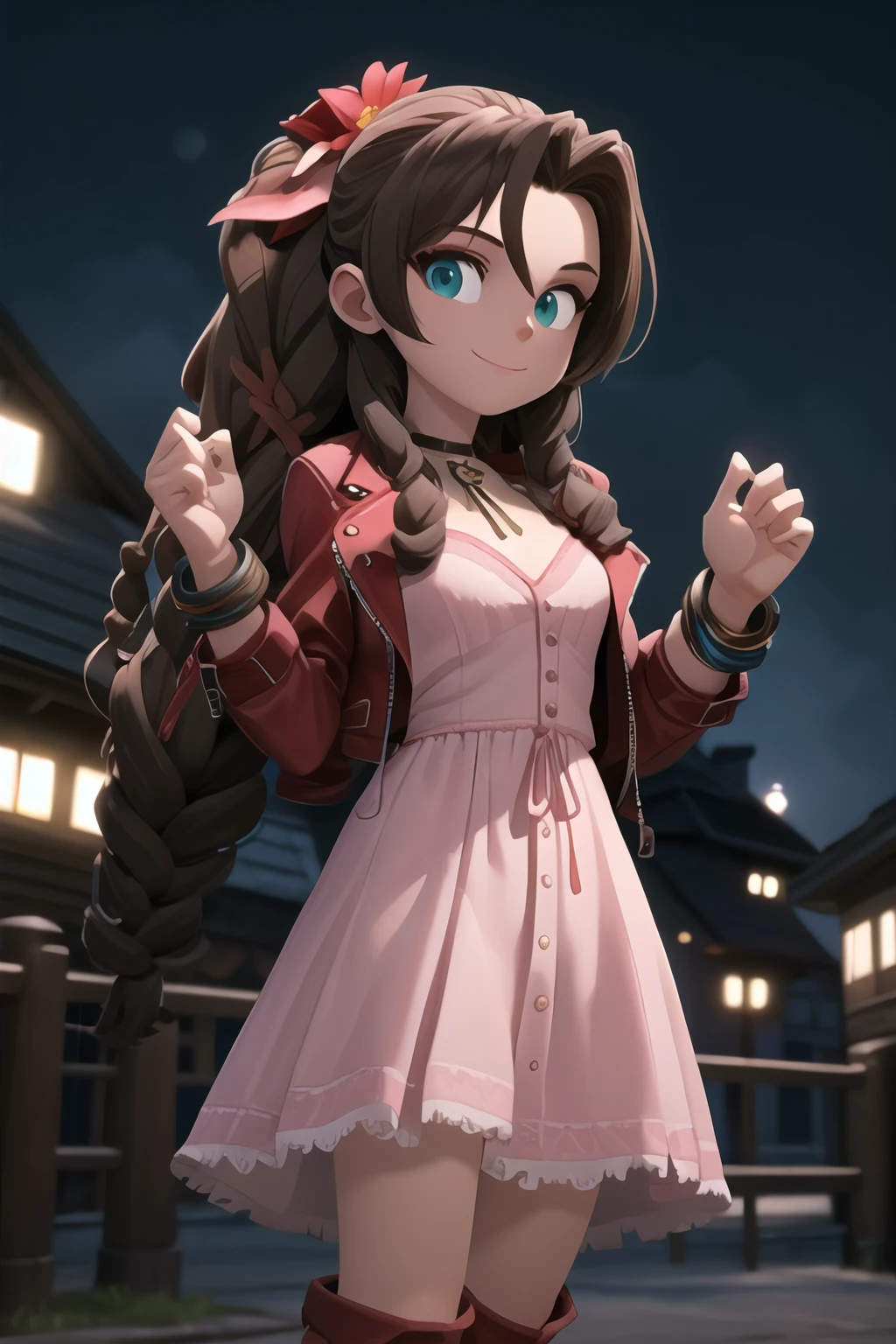 1girl, solo, masterpiece, <lora:BloodyMen:1> bloodymen, looking at viewer, happy, <lora:aerith-nvwls-v1:0.9> aerith gainsborough, choker, cropped jacket, hair bow, bracelet, pink dress, brown boots, very long hair, hair ribbons, hair flowers, strapless red dress